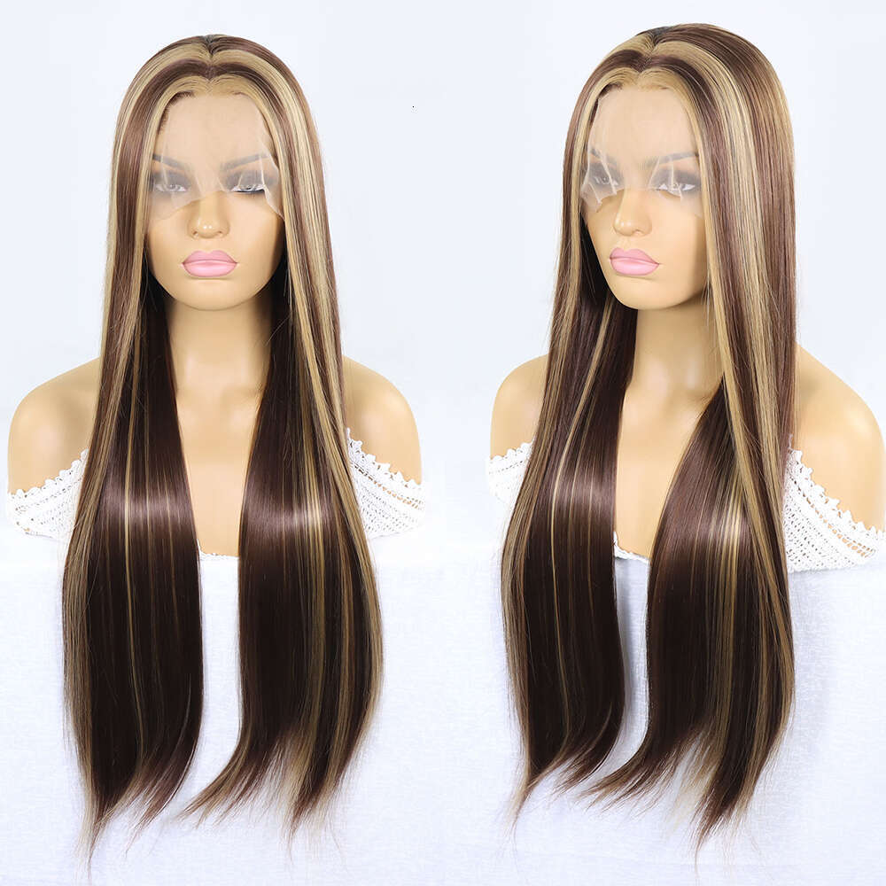 Highlight Brown Lace Front Straight Synthetic Hair 13X3 Pre Plucked Colored Heat Resistant Glueless Wig For Women