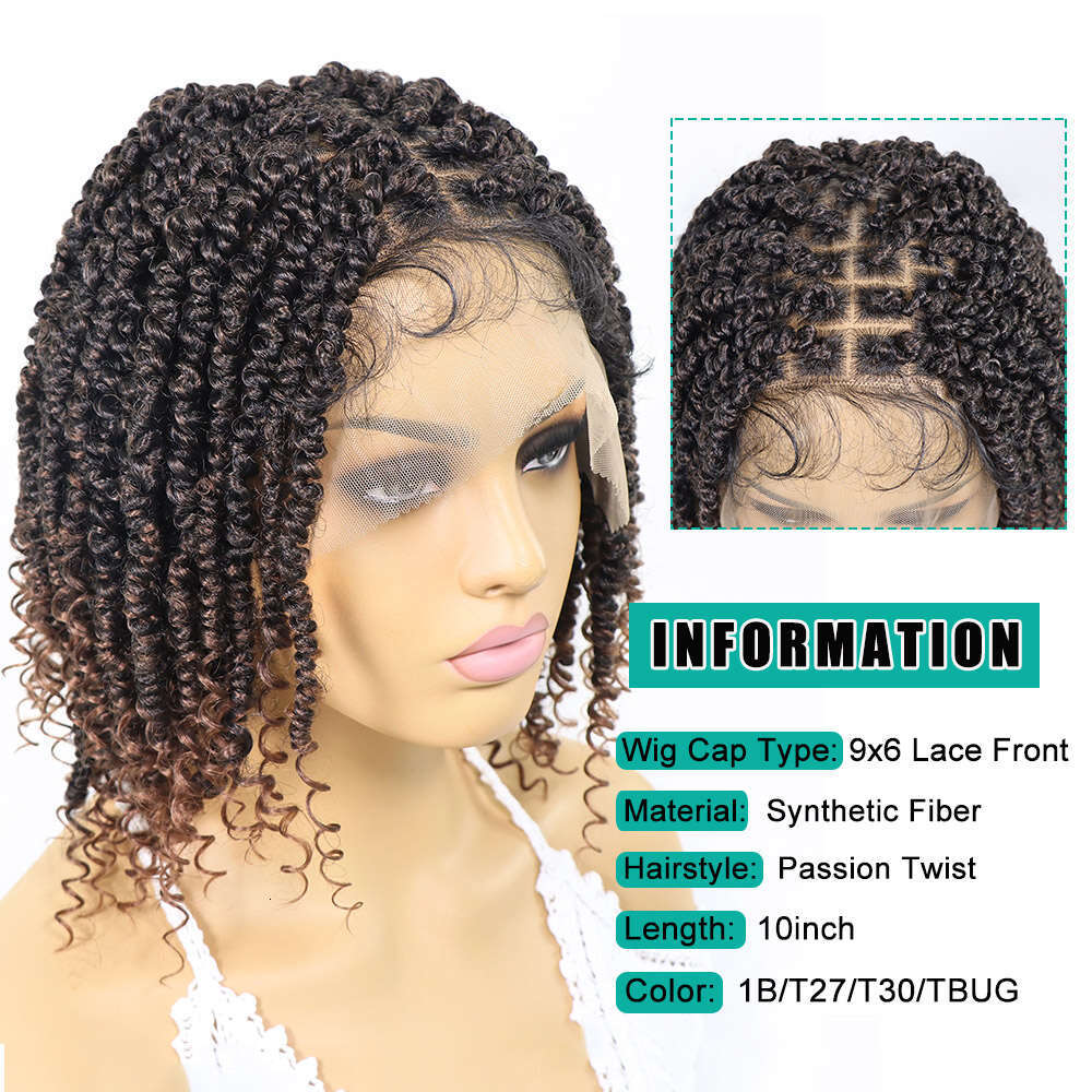 Brown Short Passion Twisted Wigs Square Part Bob Synthetic Lace Front Curly Ends 12Inch Braided Wig For Women