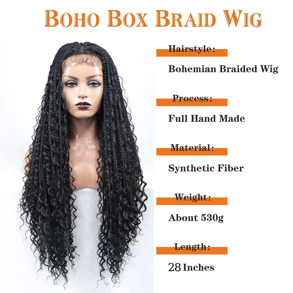 Boho Braided Wigs Synthetic Lace Front Curly Ends Square Part Knotless Wig With Baby Hair Bohemian Locs Box Braid