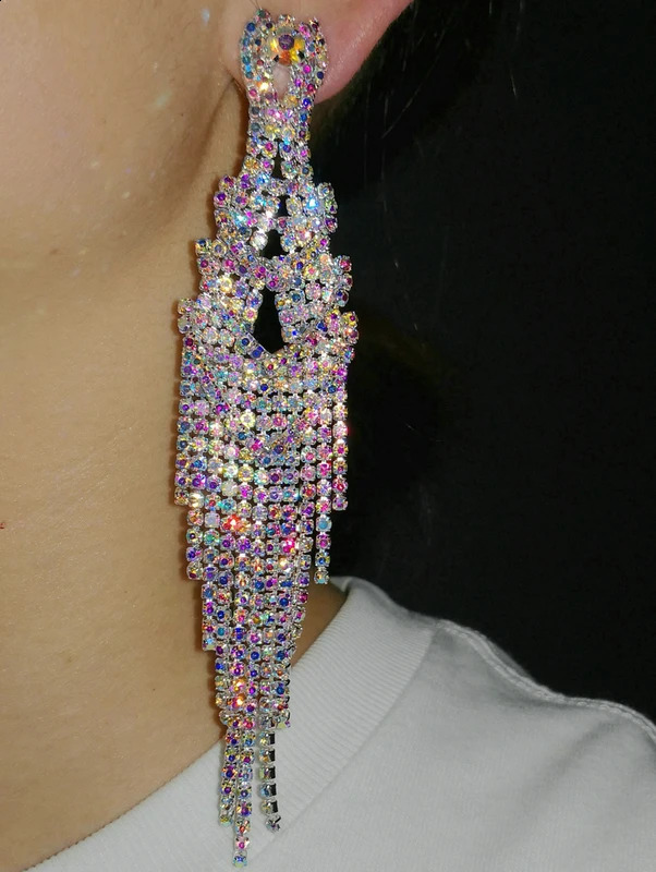 Crystal Chandelier Tassel Earrings Bohemian Rhinestone Fringe Chain Drop Dangle Earring Women Girls Valentines Day Wedding 240914