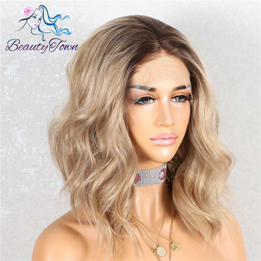 Blonde Colored 13X3 Synthetic Front Sier Grey Ash Brown Short Bob Body Wave HD Transparent Lace Cosplay Wig