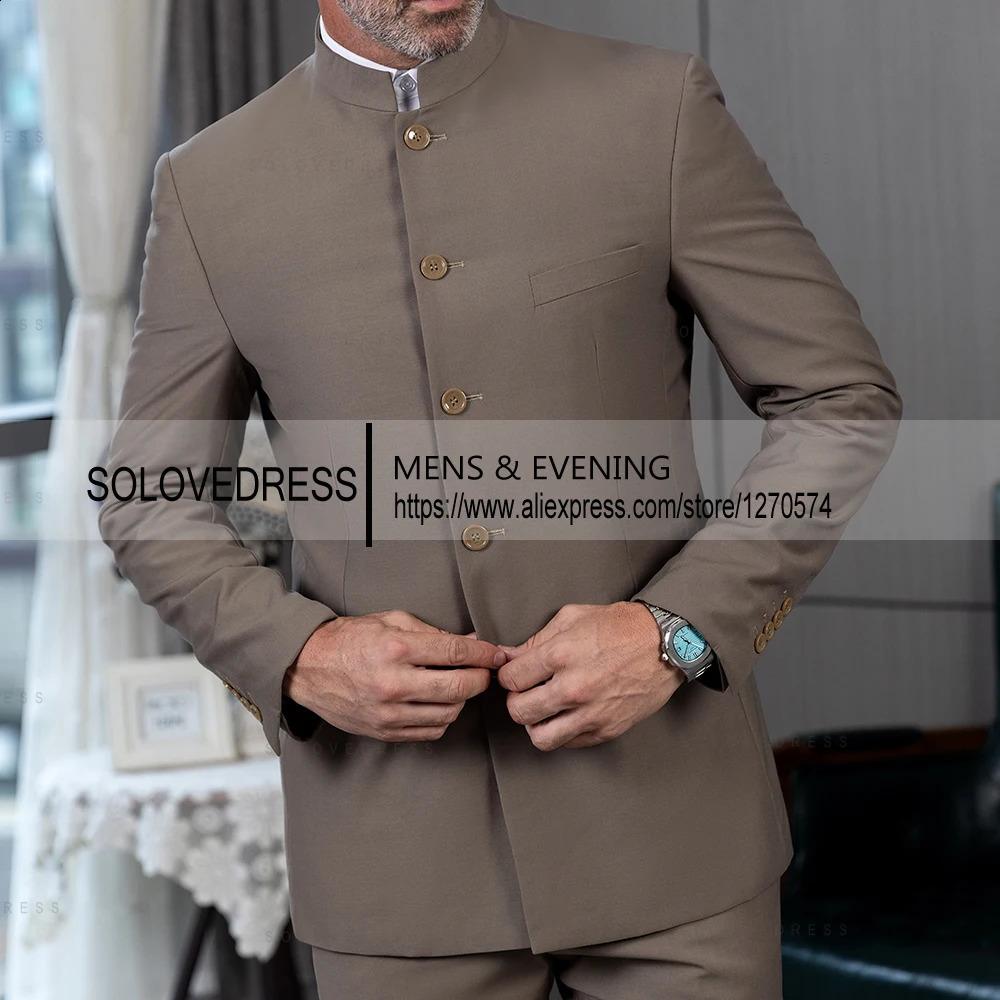 Classic 2 Piece Mens Slim Fit Solid Color Stand Collar Wedding Suit BlazerPants 240914