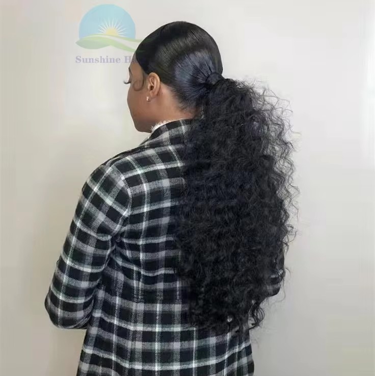 Jet black afro kinky curly clip in ponytail human hair extension for black women,Brazilian wraps around pony tail hairpiece 160g