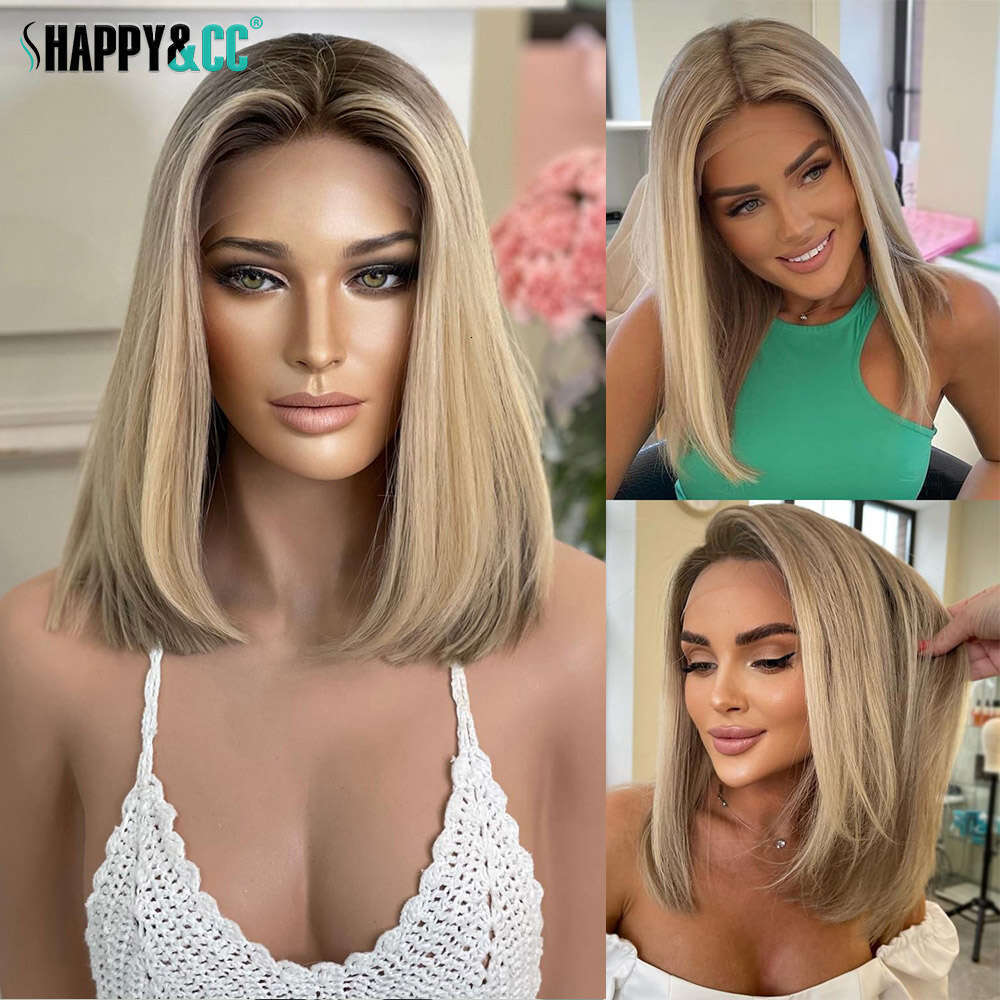 12Inch Highlight Short Bob Synthetic Lace Front Wigs Dark Roots Colored Straight Glueless Blonde Wig For Women Daily Use