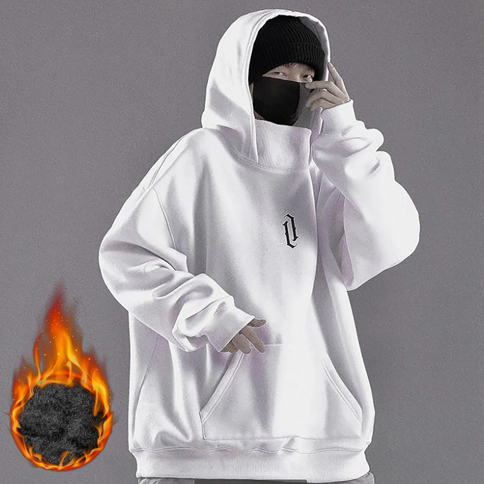 Ninja Neck Hoodies Man Autumn And Winter Fleece Sweatshirt Hip Hop Solid Long Sleeve Hoodie Pocket Loose Hooded Y2k Clothes Men 240904