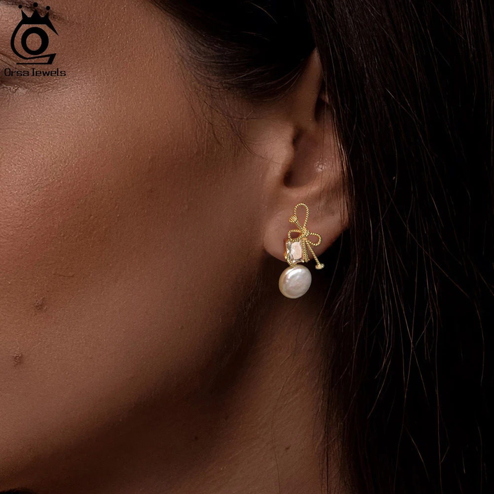 ORSA JEWELS 14K Gold Genuine 925 Sterling Silver Dangle Pearl Earrings with 5A CZ Cultured Freashwater Pearl for Women GPE84 240914