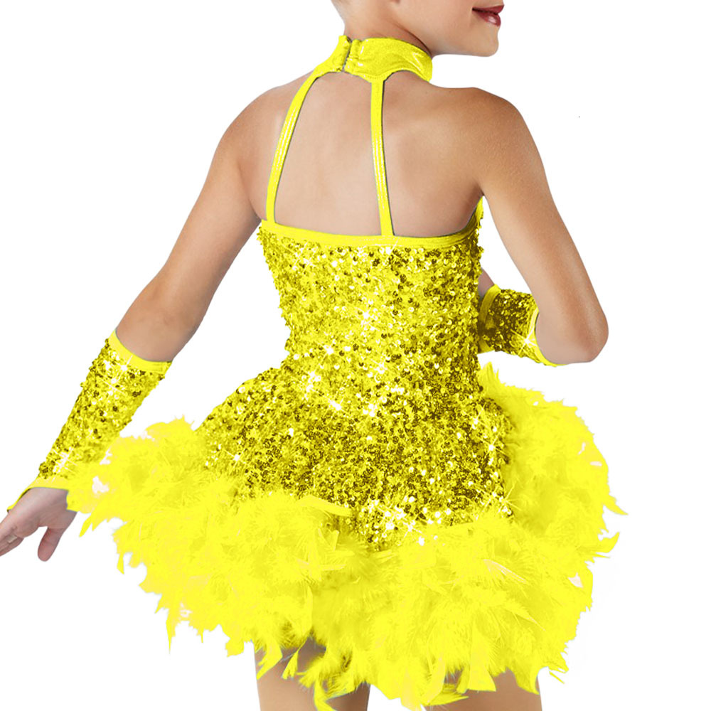 Feather Hem Dress For Girl Women Sequins Ballroom Stage Costume Compeon Performance Dynamic Dance Apparel Jazz Wear
