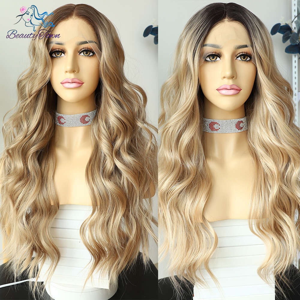 13X4 Synthetic Front 613 Honey Blonde Ombre Hd Lace Frontal Wigs For Black Women 28Inches Cosplay Daily Use Wig 180%