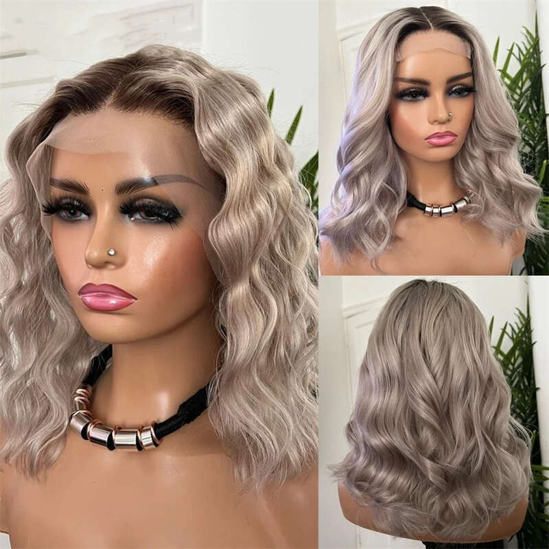 Short Grey Blonde Synthetic For Women Ombre Platinum Bob Cosplay Lolita Wavy Wig High Temperature Hair HD Wigs