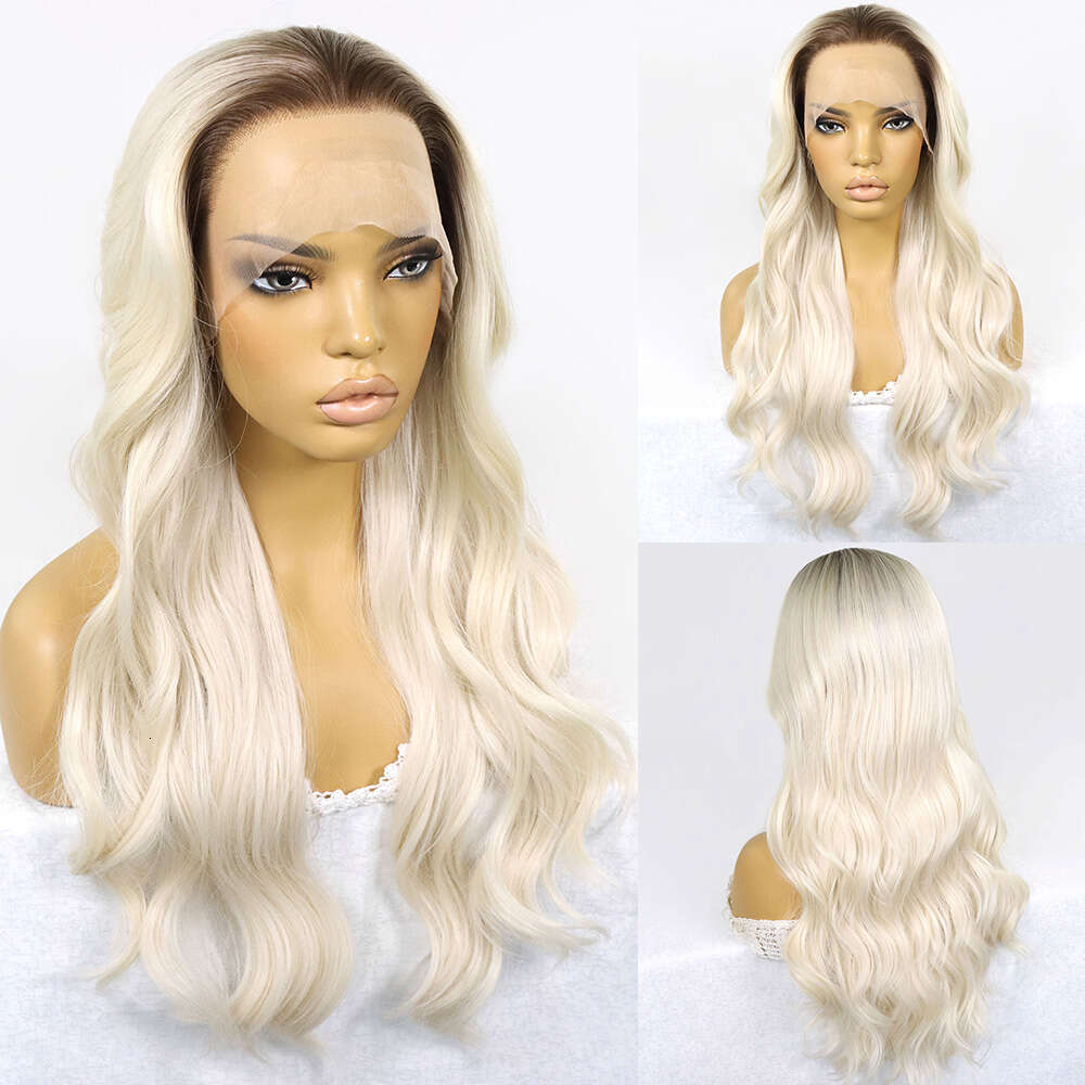 Ash Synthetic Lace Front Wigs For Women 613 Wavy Dark Roots Ombre Platinum Blonde Colored Pre Plucked Cosplay Wig