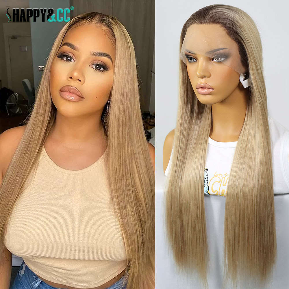 Ombre Honey Blonde Synthetic Lace Front Wigs Silky Straight Dark Roots Colored Heat Resistant Glueless 613 Wig For Women