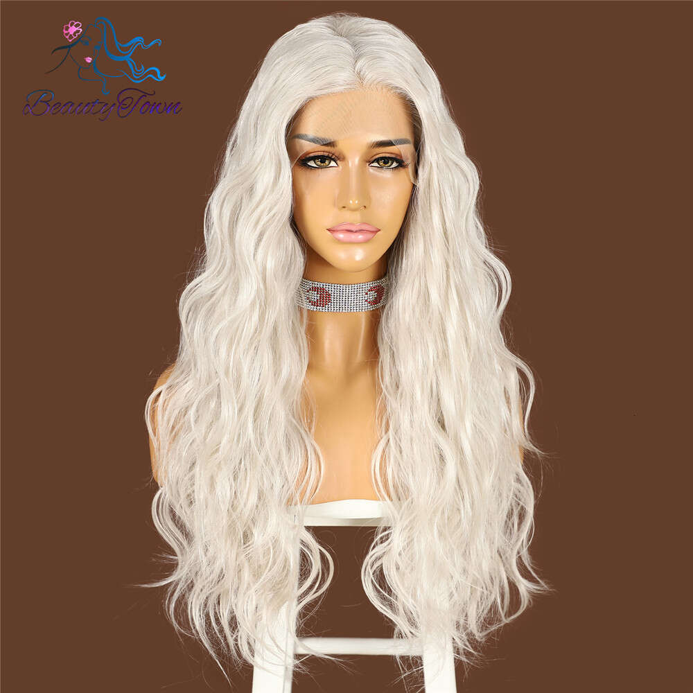 Beautytown Sier White Grey Futura For Daily Makeup Cosplay Long Wave Layered Heat Resistant Synthetic Lace Front Wig