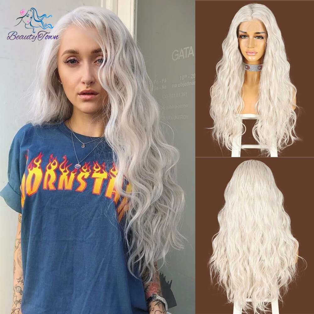 Beautytown Sier White Grey Futura For Daily Makeup Cosplay Long Wave Layered Heat Resistant Synthetic Lace Front Wig