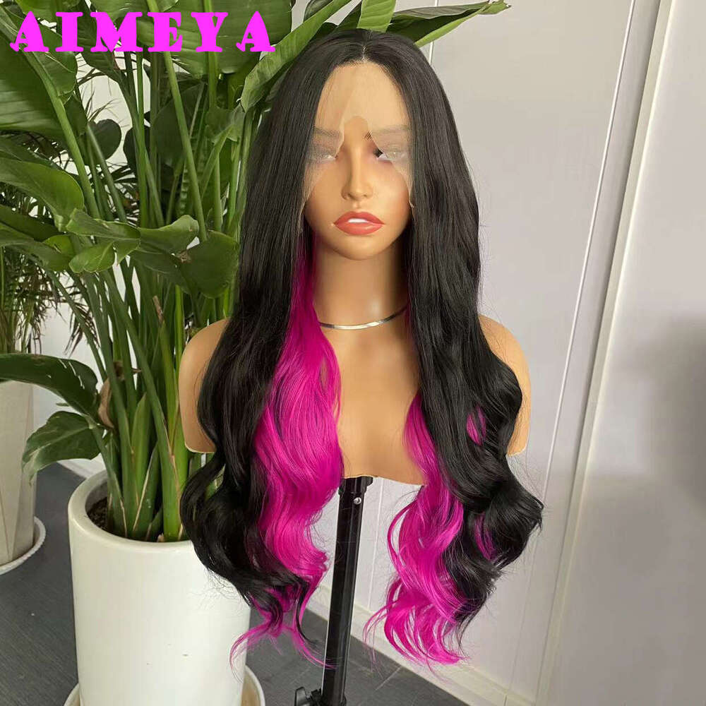 AIMEYA Black And Lace Front Wigs Highlighted Hot Pink Wig Long Silky Straight Synthetic Hair Body Wave