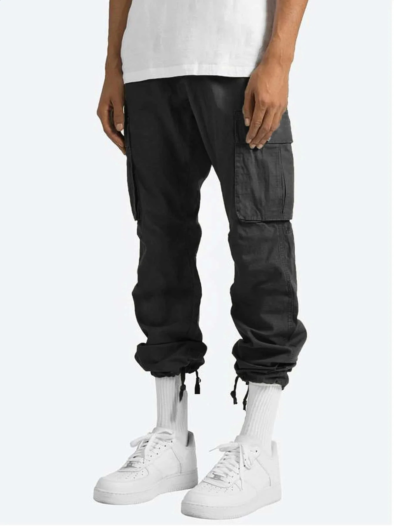 Spring and autumn mens fashion leisure cargo pants multi-pocket solid color polyester fiber pure cotton 9 minute pants 240911