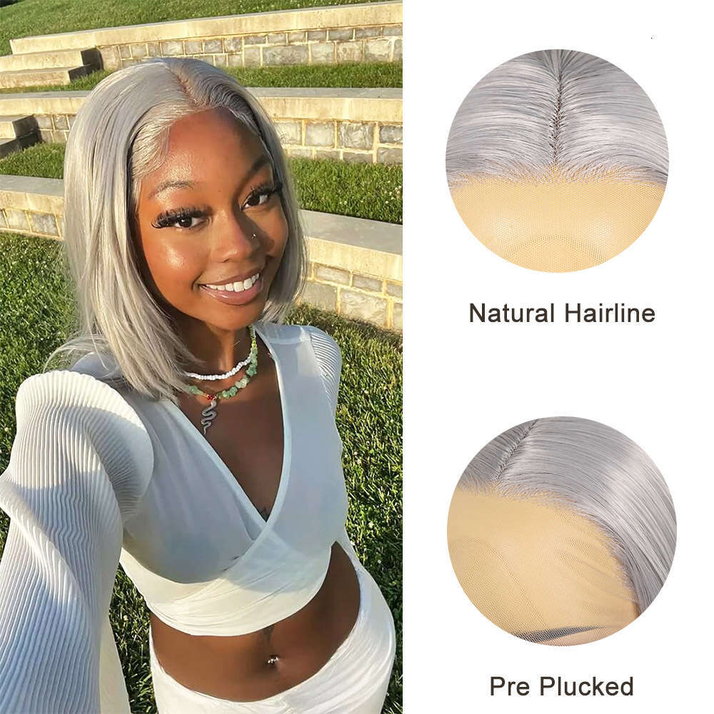 Sier Grey Lace Front Bob Wigs Short Silky Straight Cosplay Synthetic Natural Haire Glueless Party Colored Wig For Women