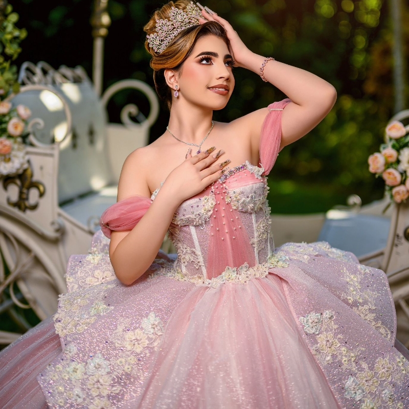 Mexican Pink Shiny Quinceanera Dresses Ball Gown Off The Shoulder Applique Lace Pearls Tull Tiered Corset Sweet 16 Dress Vestidos De