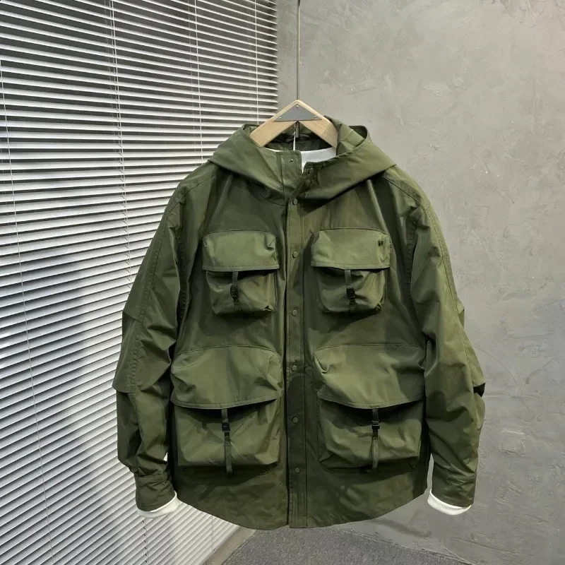 Spring Autumn Cargo Zipper Jacket Trend Hooded Workwear Jacket Mens American Retro Outdoor Coat Mountaineering Wear 240905