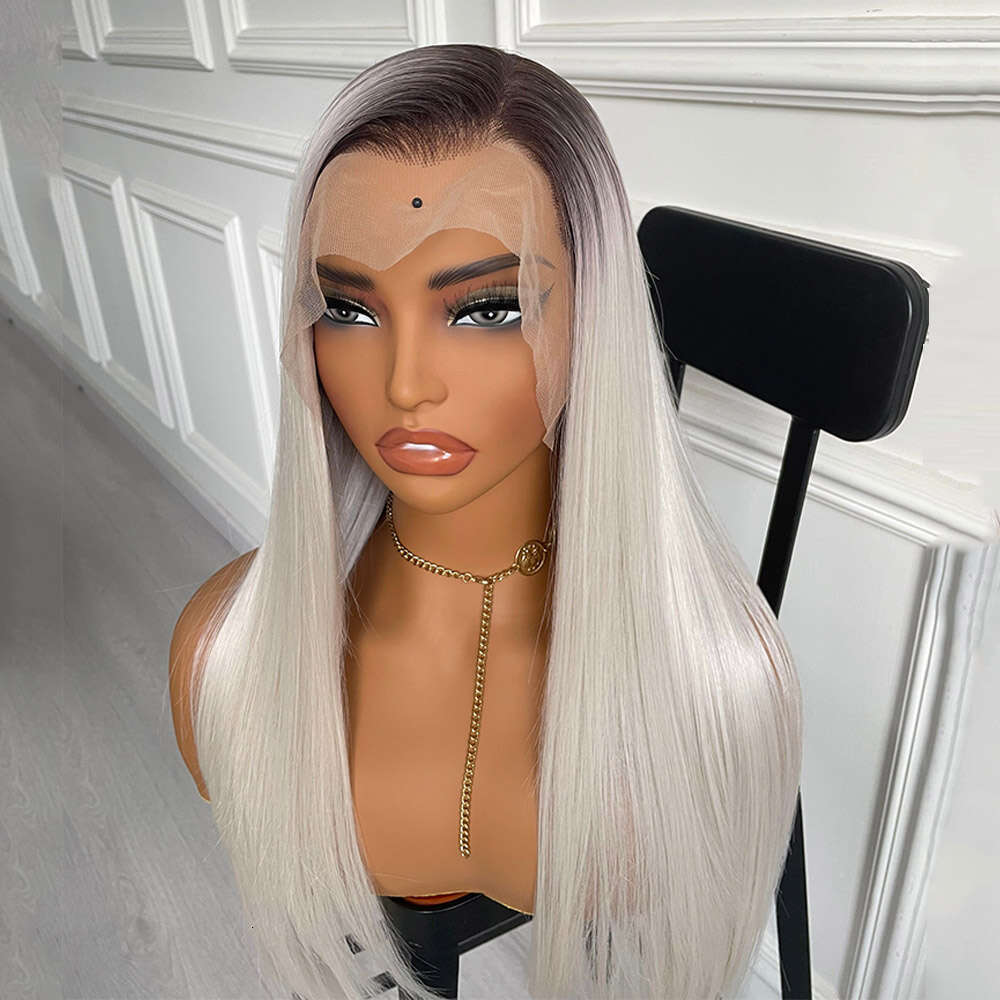 Ombre Ash Synthetic Front Wigs Silky Straight Colored Cosplay For Women Dark Roots Sier White Lace Wig