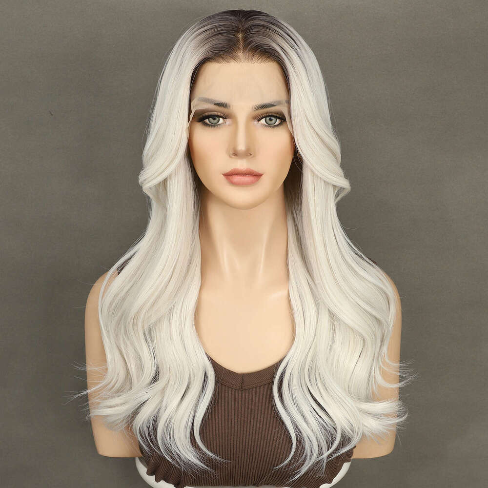 2024 13X4 Front Ash White Dark Roots Transparent Lace Daily Wear Heat Safe Premium Synthetic Wig