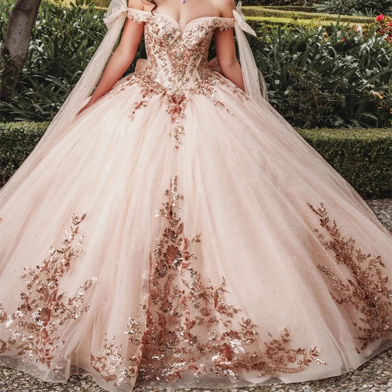 Champagne Shiny Princess Quinceanera Dresses Sequins Lace Appliques Tull Sweet 16 Dress Party Birthday Ball Gown Vestidos 15 De Anos