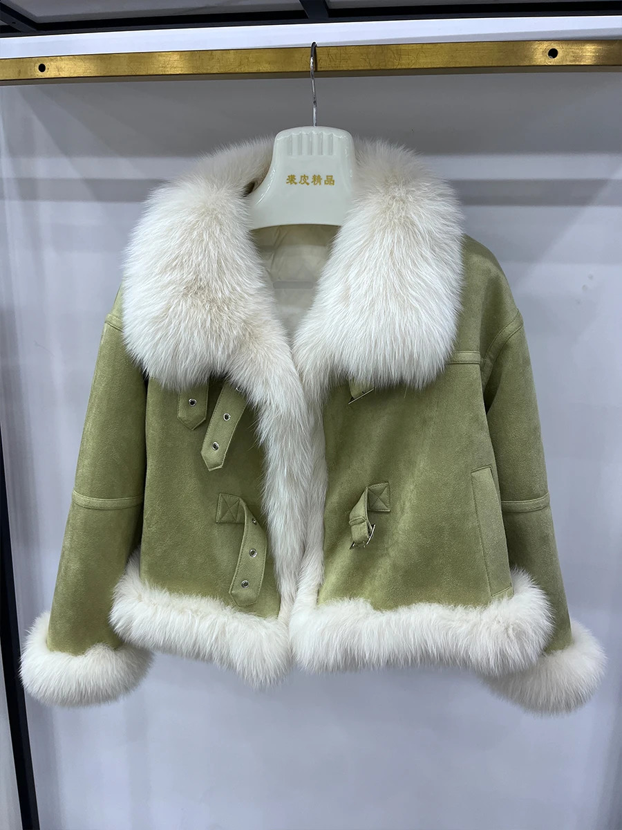 2023 Fashion Real Fur Coat Duck Down Jacket Winter Women Natural Collar Thick Suede Outerwear Warm 240907