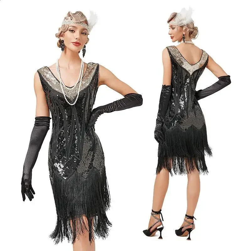 Vintage 1920s Flap Vneck Double Flow Su Dress Great Gatsby Role Playing Costume Cocktail Party Charleston Dance Glitter 240913