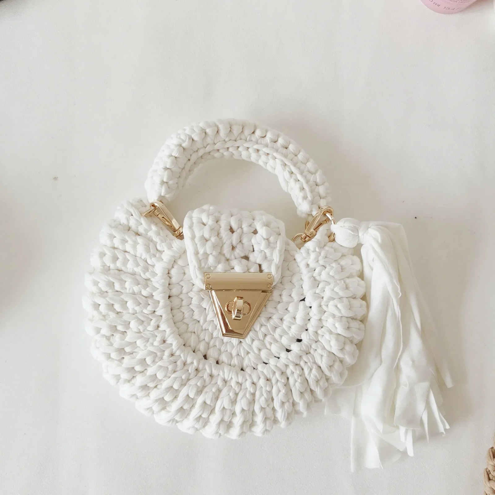Mini rope knitted womens bag handmade tassel handbag yarn crochet ner round shoulder 240913