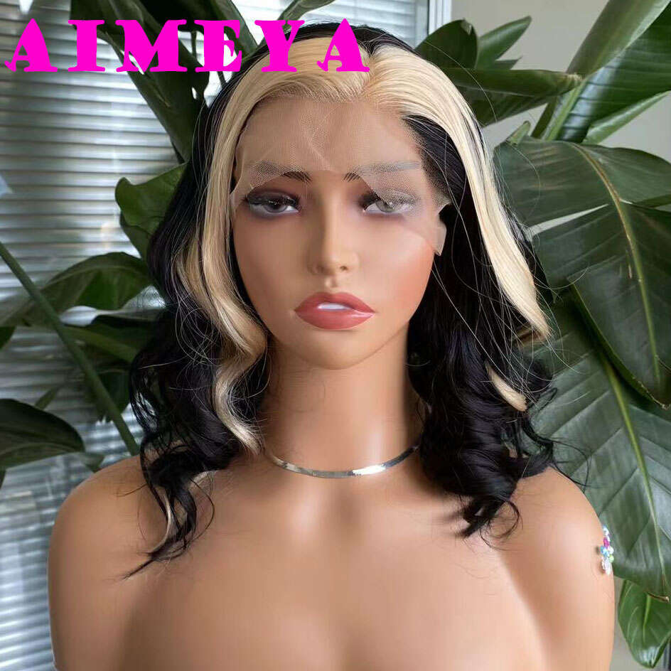 AIMEYA Hair Black Bob With Blonde Highlights Short Synthetic Lace Front Wigs Natural Looking Daily Use Wig