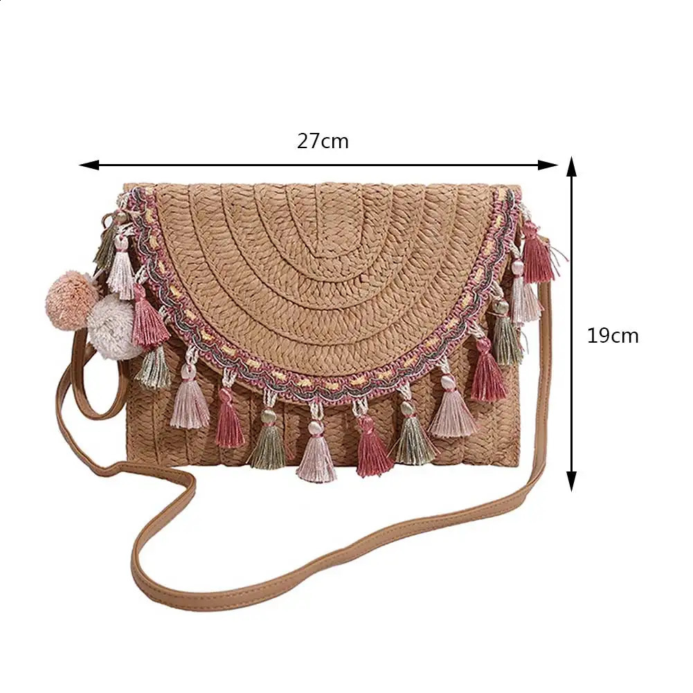 Retro square straw bag willow envelope tassel wrist handbag womens summer clutch beach shoulder 240913