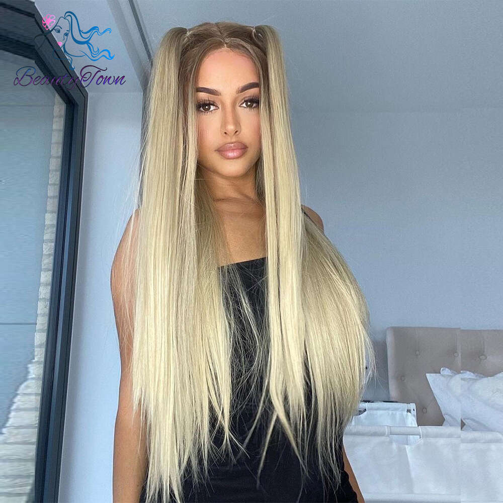 Blonde 13X3 Synthetic Front For Women Daily Makeup Cosplay Party Bone Straight HD Lace Frontal Wig 28Inch