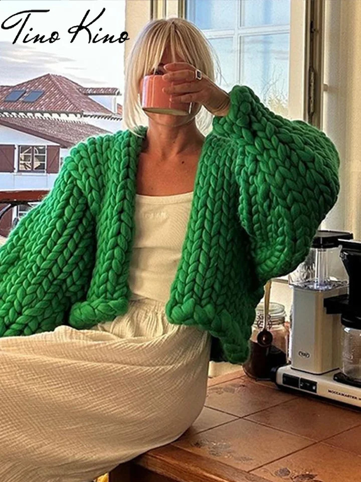 Knitted wool twisted womens cardigan loose lantern sleeve green womens sweater autumn winter fashion womens cardigan 240913