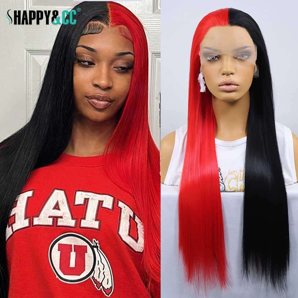 Black Half Red Lace Front Wigs Straight Cosplay Colored Synthetic Heat Resistant Glueless Halloween Wig For Women