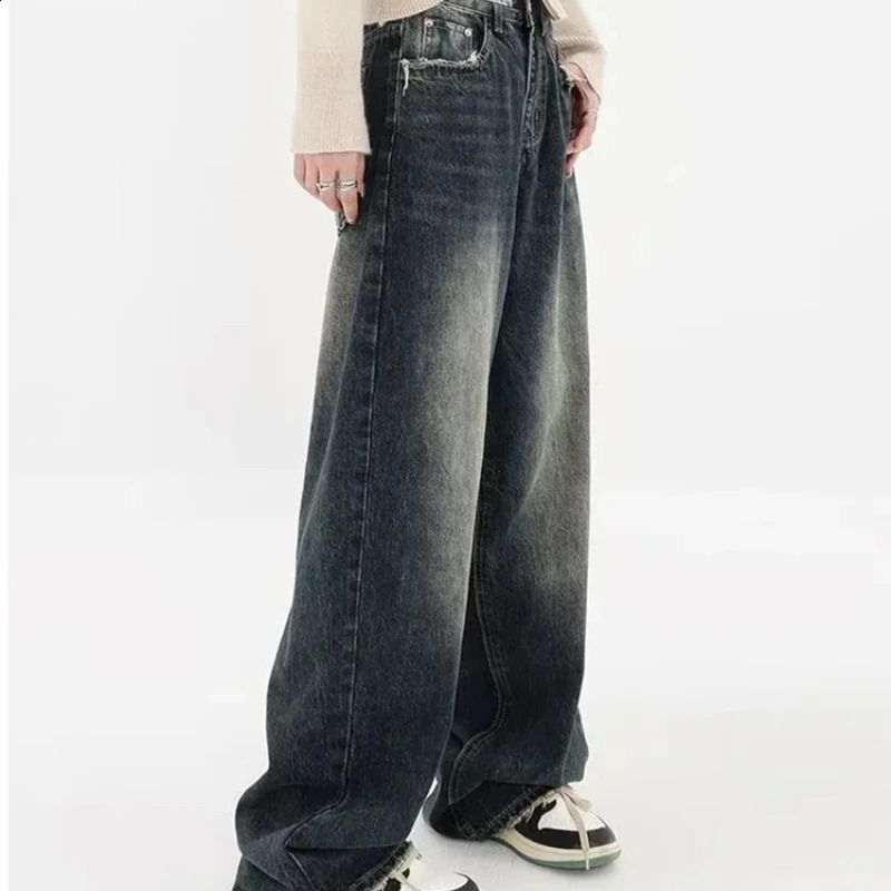 Women Streetwear Retro Fashion Autumn High Waist Pants Loose Wide Leg Denim Trousers Female HOUZHOU Harajuku Y2K Baggy Jeans 240904