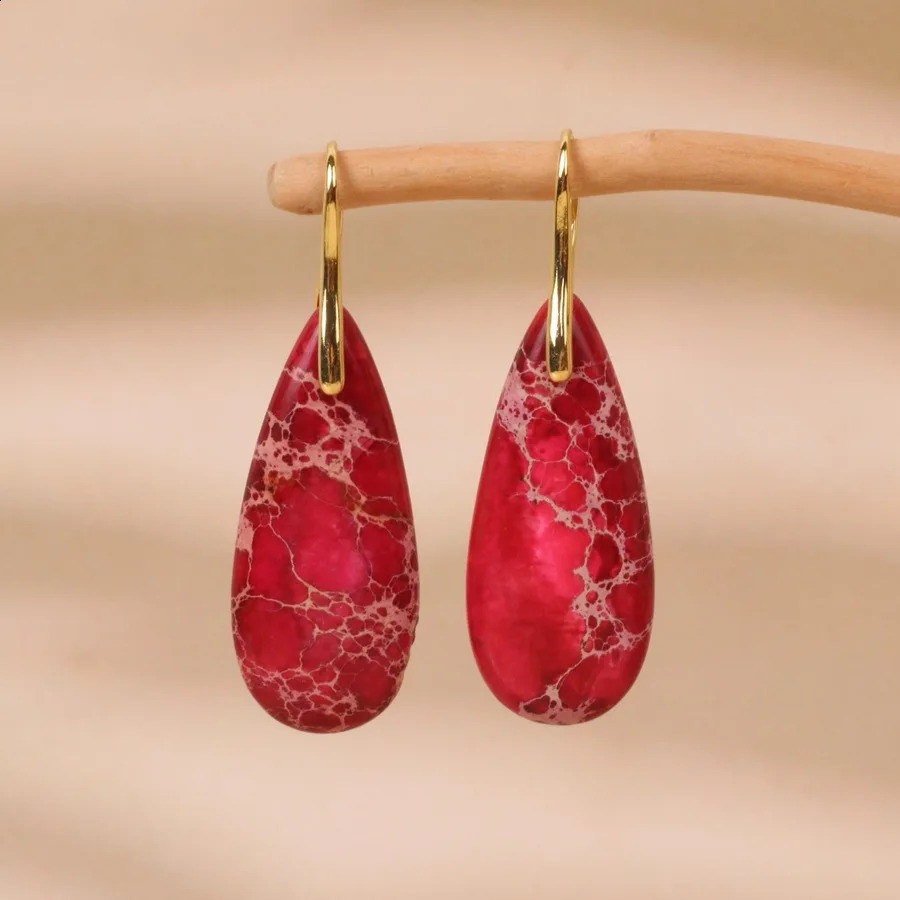 Bohemian Natural Red Imperial Jasper Stone Teardrop Gemstone Dangle Earrings For Women 240914