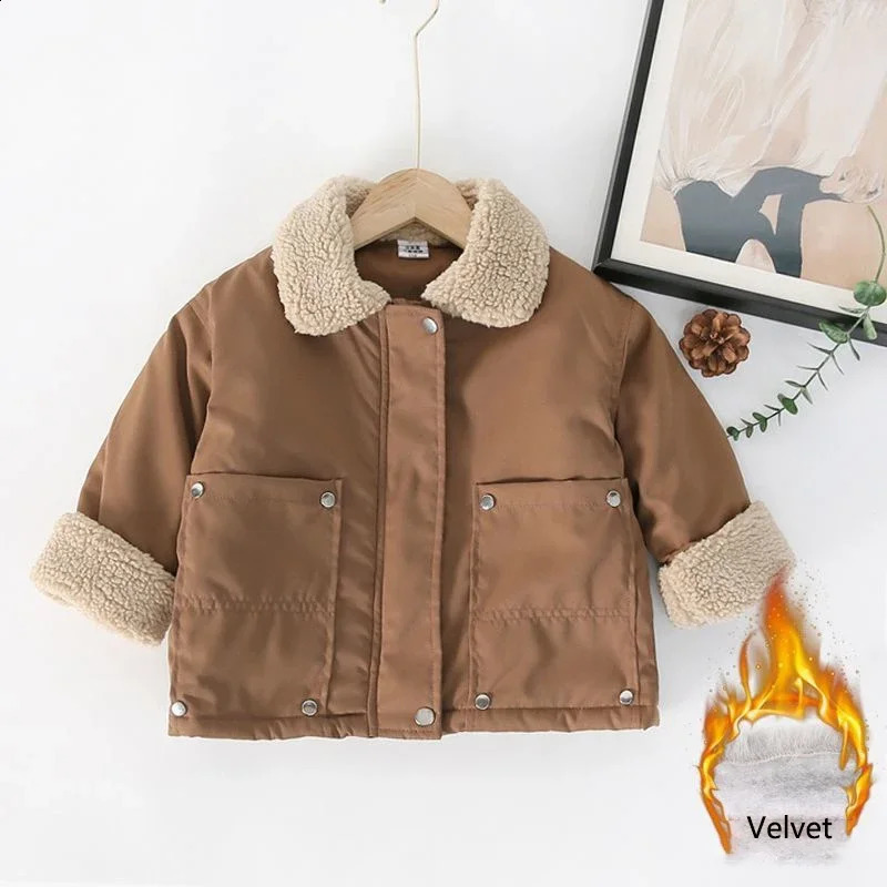 Boys Thickened Cotton Padded Jacket 2023 Winter Children Lamb Wool Warm Coat Korean Kids Girls Snowsuit Clothes 240905