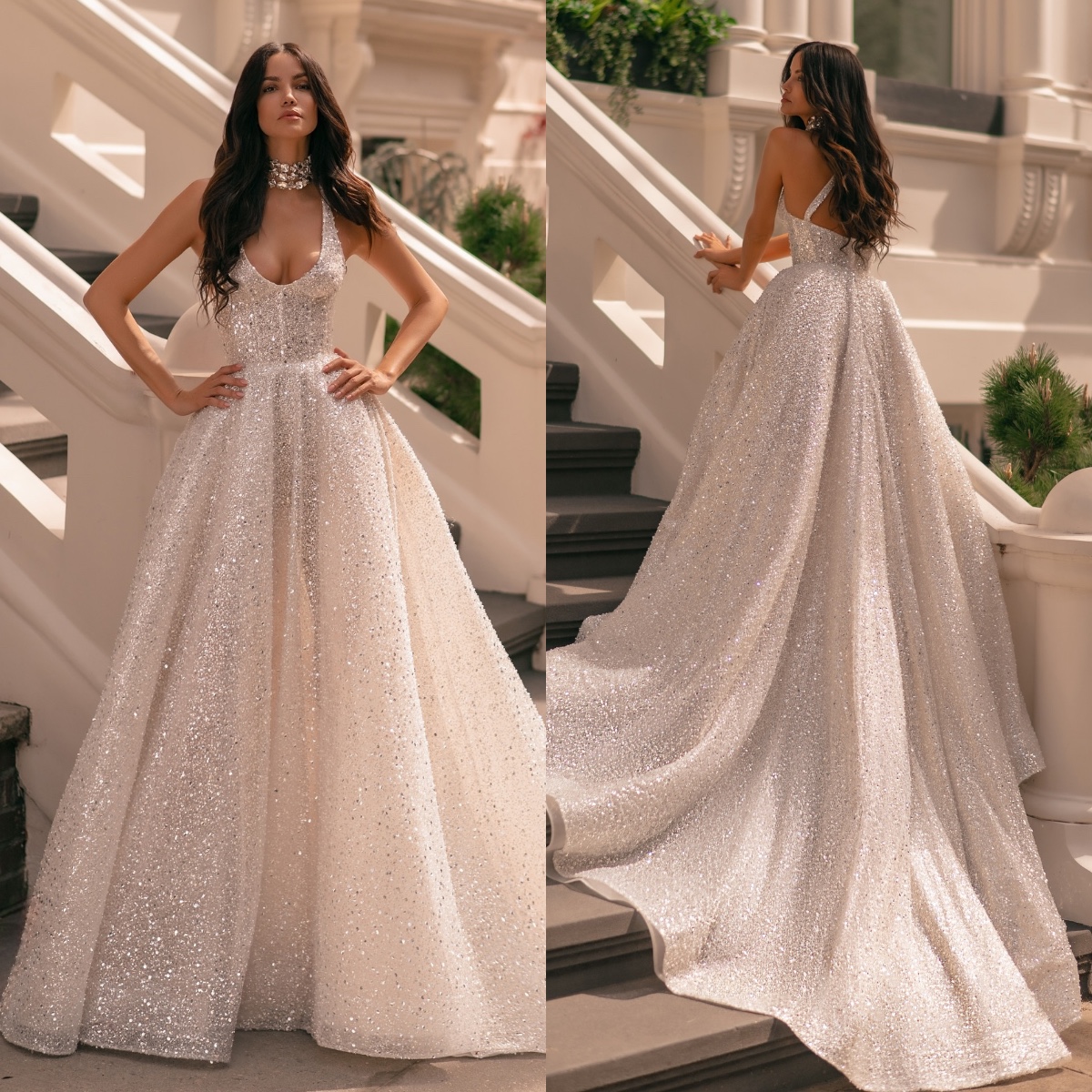 Berta A e dresses bridal gowns v neck sparkly sequins wedding dress plus size ruched sweep train backless vestidos de novia