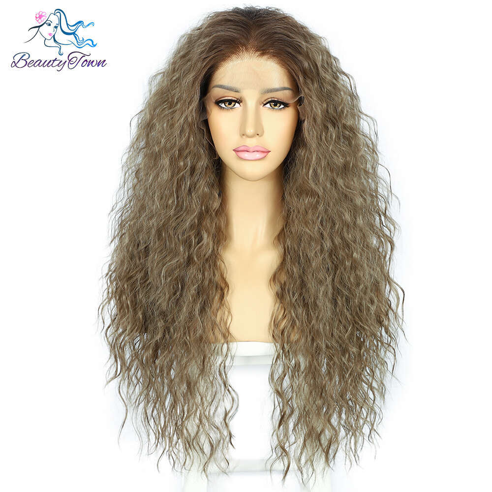 Dark Brown Synthetic Kinky Curly Lace Front Daily Party Cosplay Wigs For Women Grey Afro Wig Pelucas Para Mujeres Heat Res