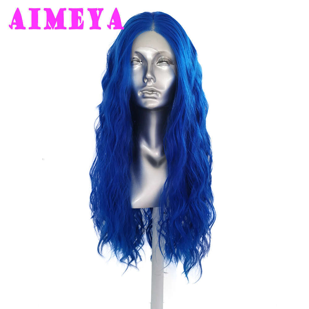 AIMEYA Loose Curly Long Synthetic Lace Front Wigs Royal Blue Natural Wave Hair Daily Use Cosplay Wig