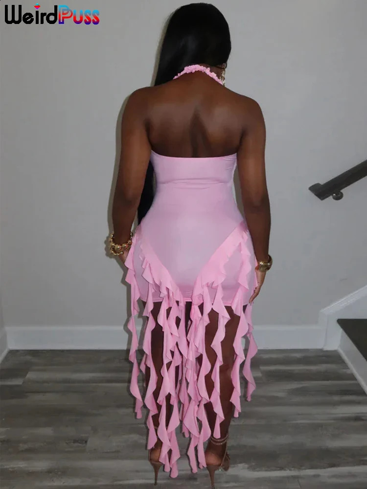 Strange cat fashion irregular tassel hem dress womens backless party summer sexy birthday split midnight club body 240913