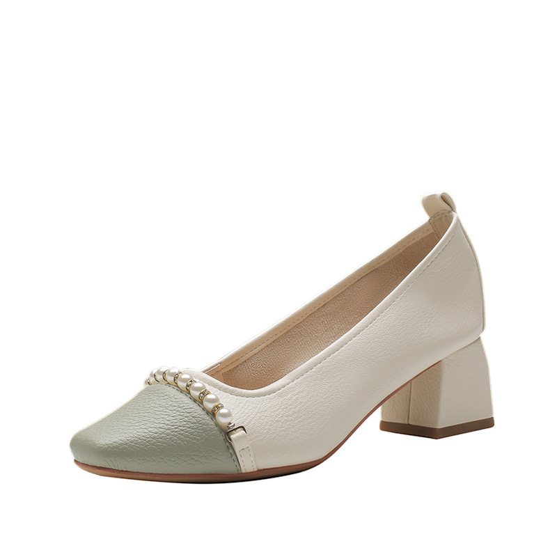 2024 New Small Fragrant French High Thick Heels Gentle Pearl Color Blocked Retro Mary Jane Single Shoes