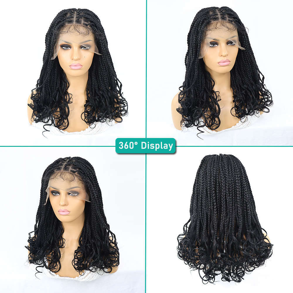 Box Wigs Curly Ends Synthetic Lace Front Braided 16Inch Square Part Pre Plucked With Baby Hair Braid Wig For Women