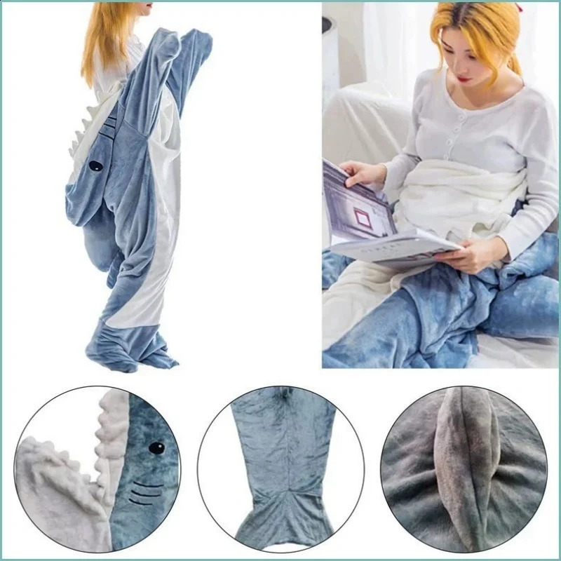 Hooded Flannel Shark One-Piece Pajamas Home Children Adult Men and Women Quirky Homewear Blanket 240910