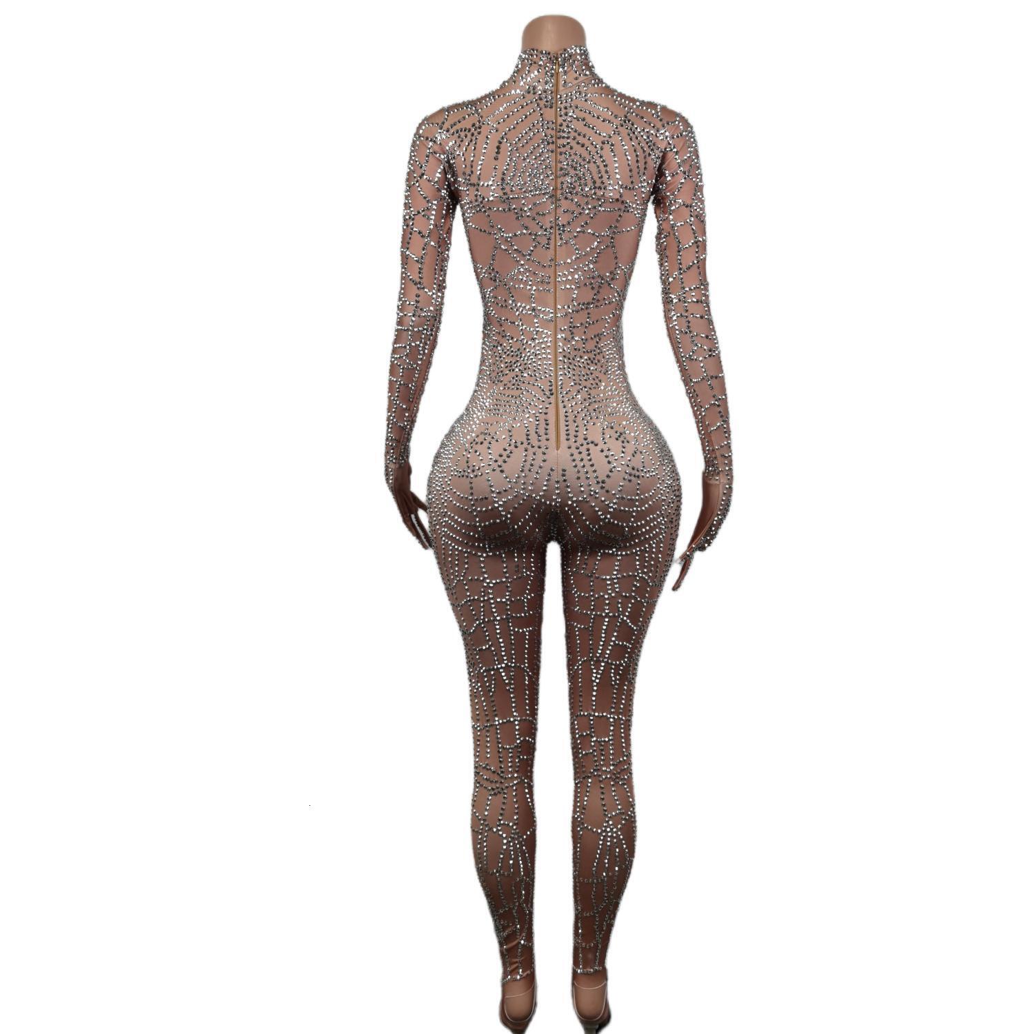 Shining Glitter Rhies Gloves Jumpsuits For Women Sexy Stretch Dance Bodysuit Birthday Party Stage Wear Drag Queen Costumes