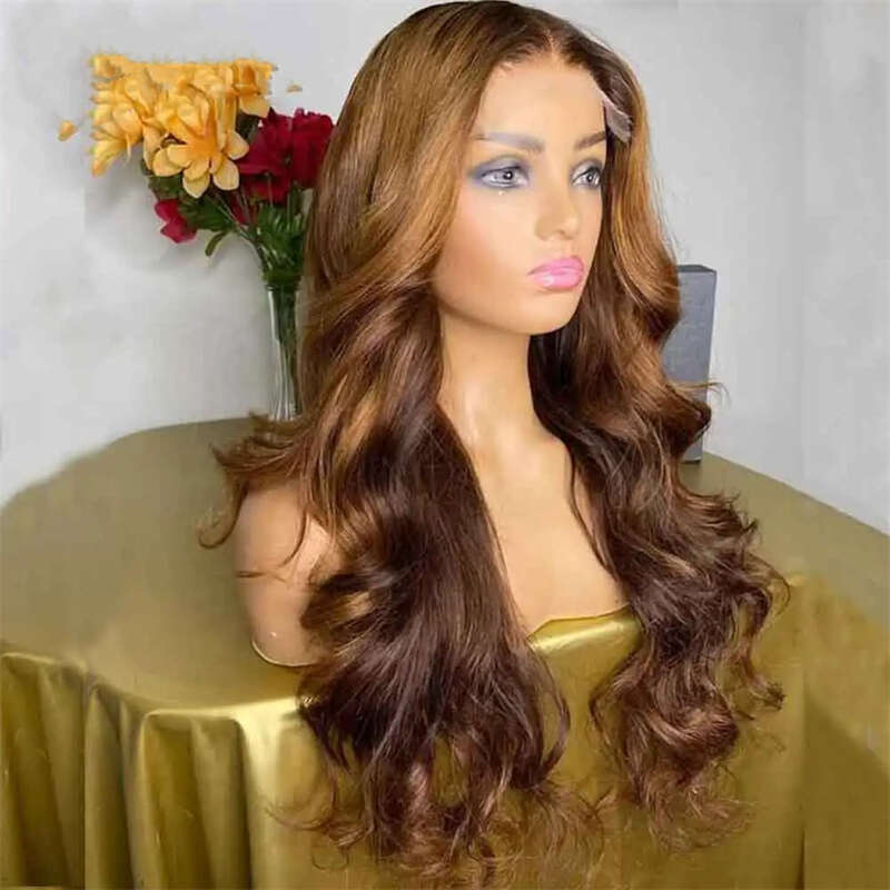 Body Wave Ombre Honey Brown 30 Inch HD Transparent Lace Front Wig For Women With Baby Hair Synthetic Preplucked Daily Party