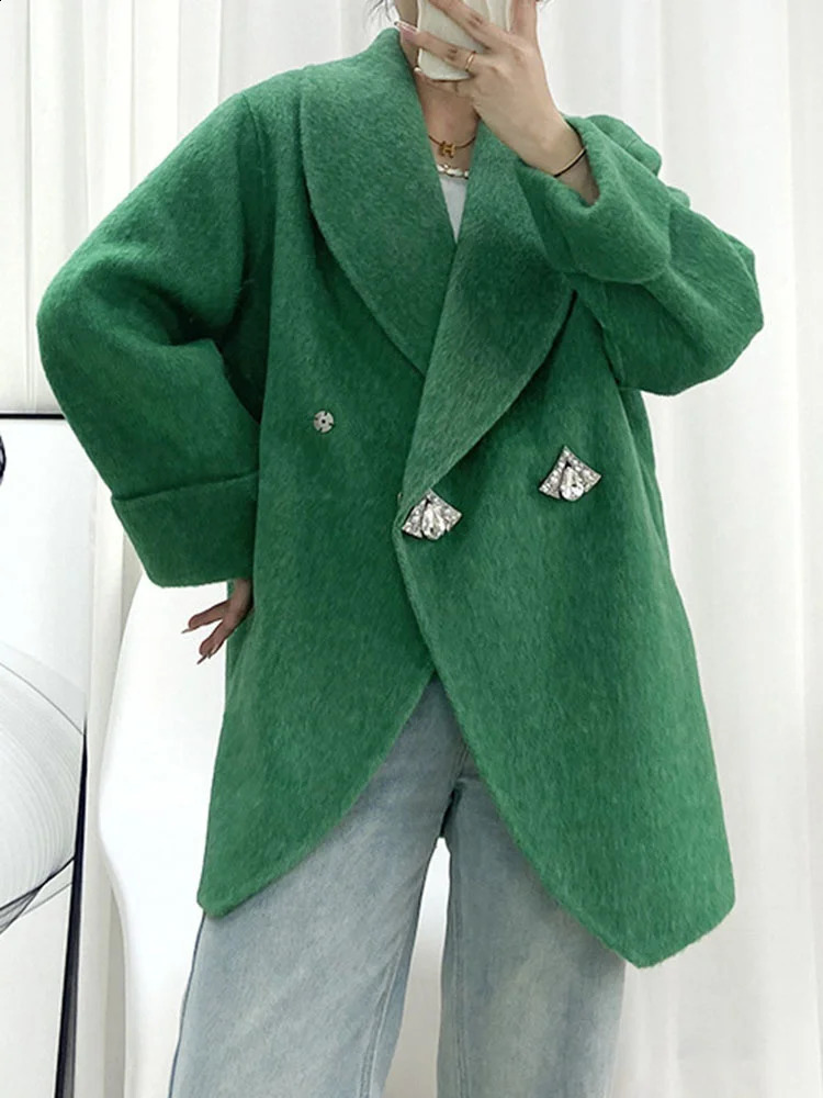 LANMREM High End Woolen Jackets Women Lapel Diamonds Single Breasted Solid Color Coat Fashion Autumn Winter 2AA1985 240911