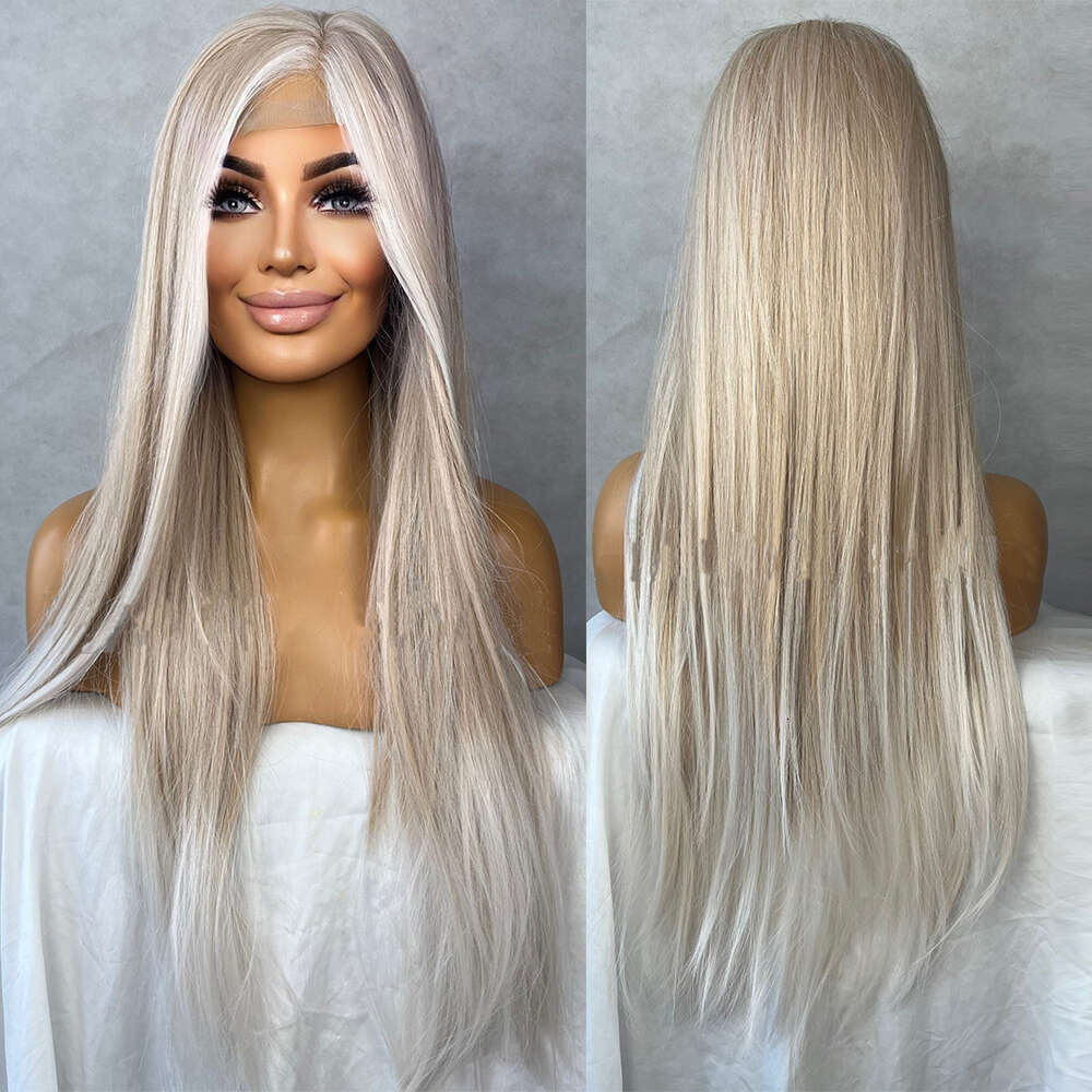 Ash Blonde White Balayage Highlights 28 Inch Long Wig Straight Center Parting High Density Lace Front Women Daily Wigs