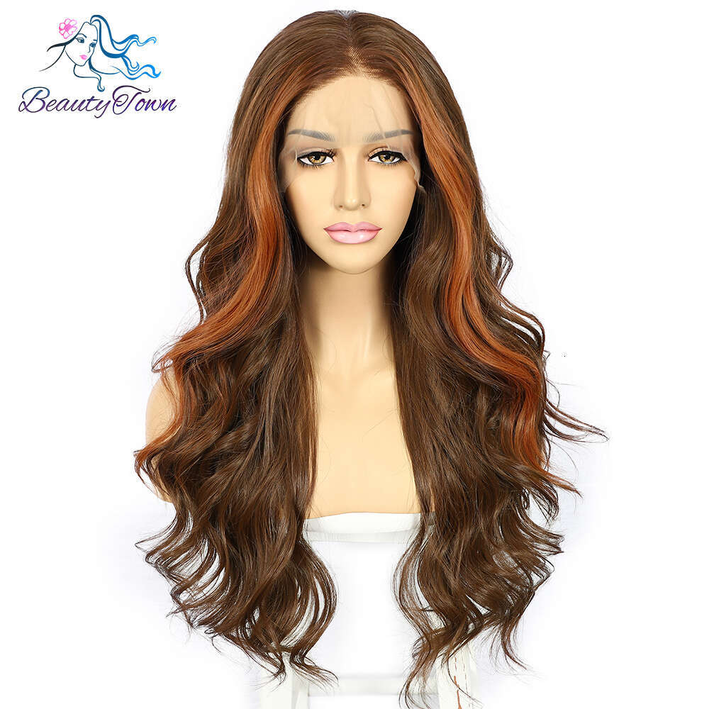 Ginger Orange Synthetic Front Highlight Copper Blonde HD Transparent Lace Frontal Body Wave Full Cosplay Daily Wig
