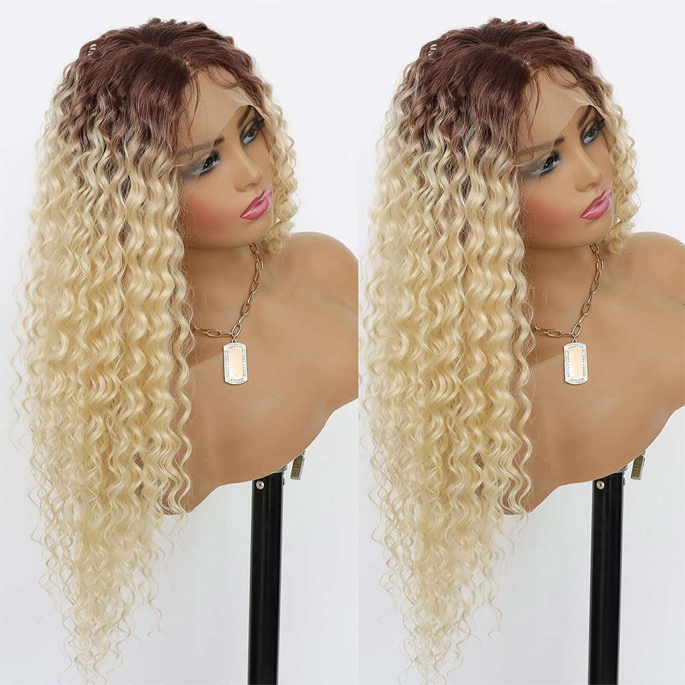 Ash Lace Front Curly Synthetic Wigs For Women Deep Wave Dark Roots Blonde Colored Wig Glueless Heat Resistant Hair