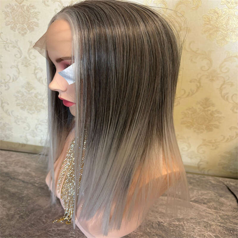 Ash HD Lace Front Wigs Silky Straight Ombre Colored Synthetic For Women Dark Roots Grey White Cosplay Glueless Wig